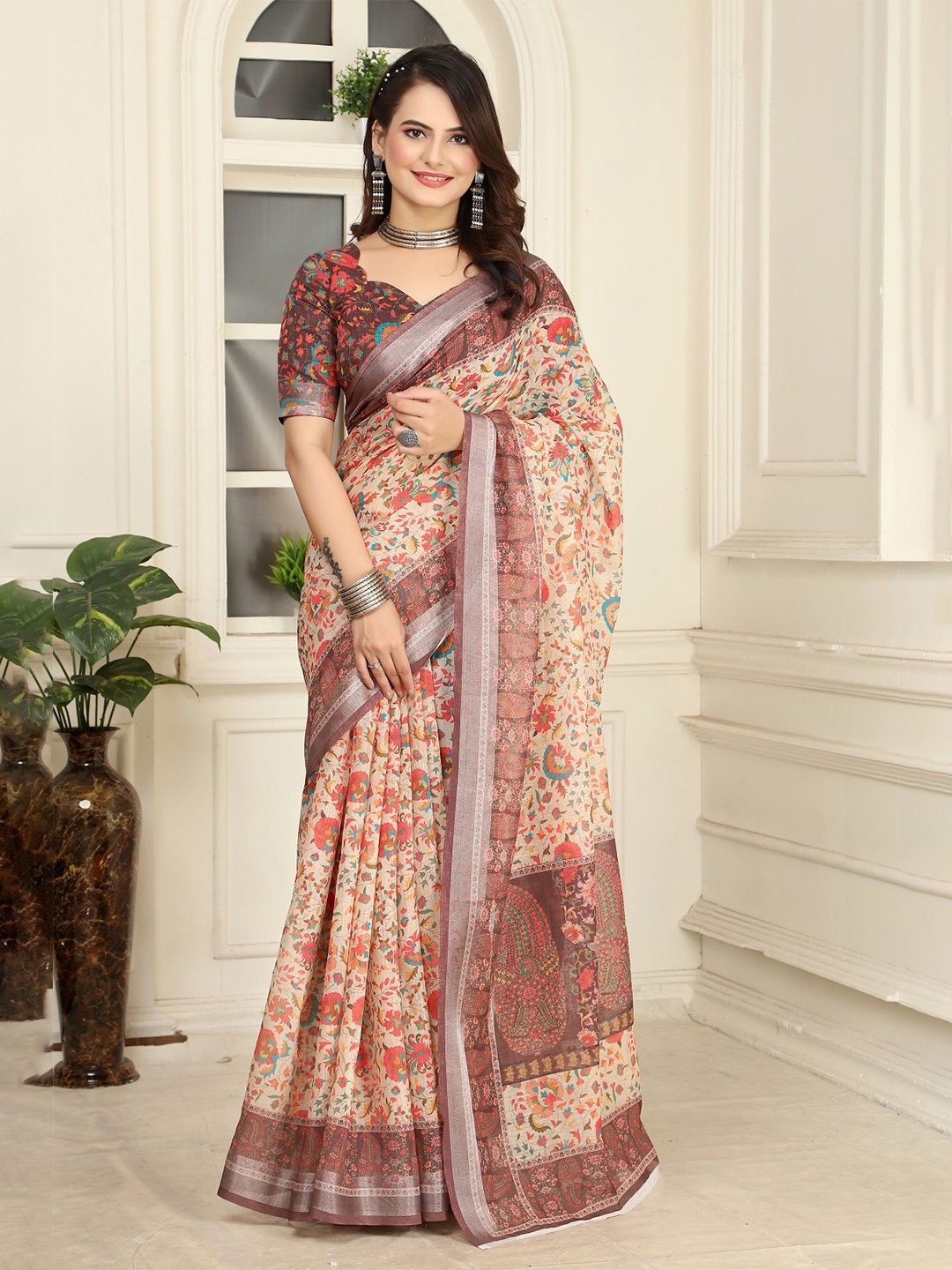 

Nimidiya Floral Printed Zari Pure Cotton Saree, Brown