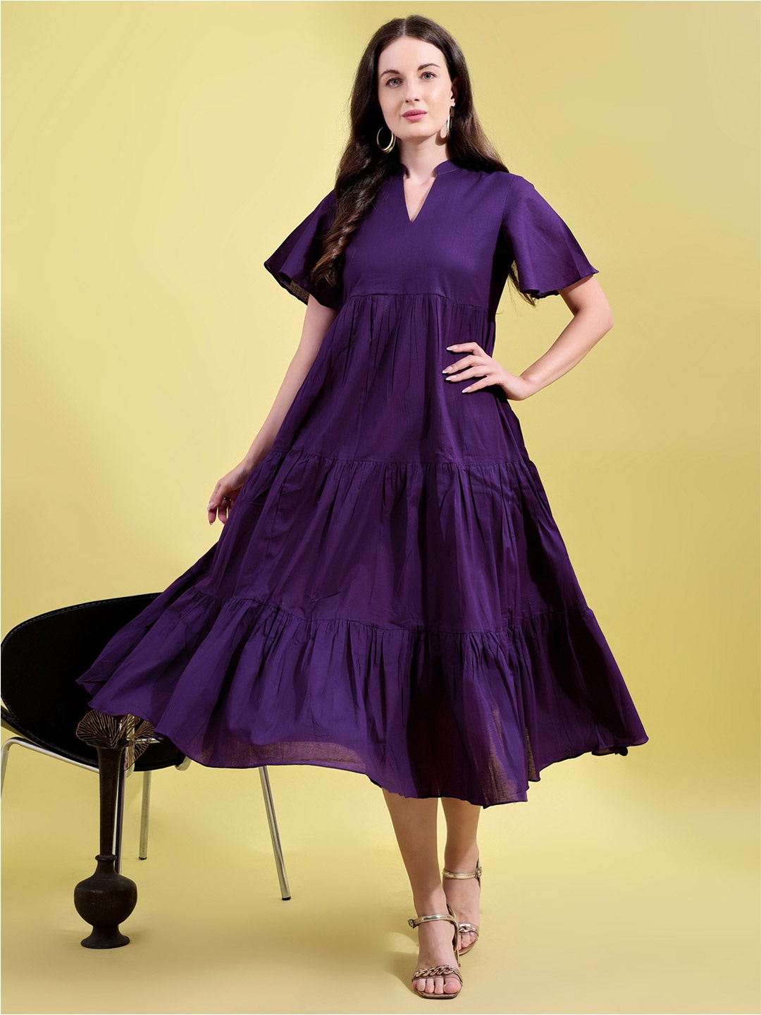 

Tikhi Imli Women Mandarin Collar Flared Sleeves Cotton Tiered Midi Ethnic Dresses, Violet