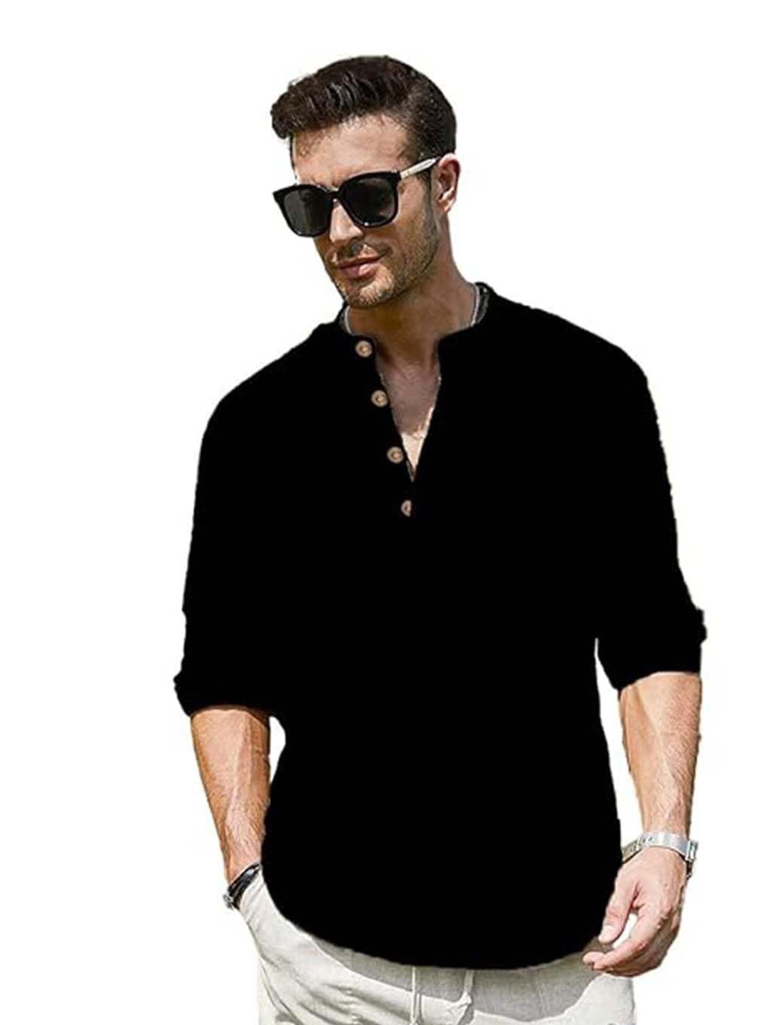 

EdinWolf Men India Slim Fit Band Collar Solid Cotton Casual Shirt, Black