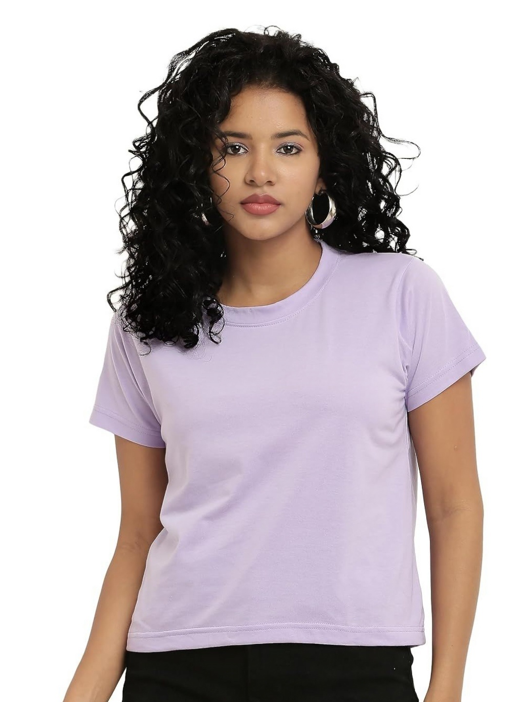

NOTWILD Women Solid V-Neck Cotton T-shirt, Lavender