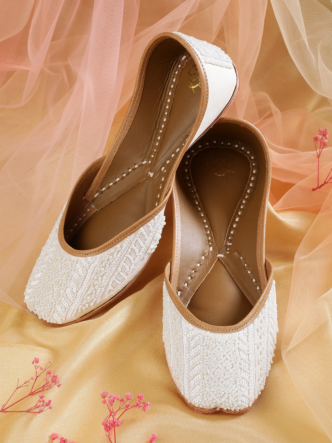 

House of Pataudi Beads & Sequins Embellished Mojaris, White