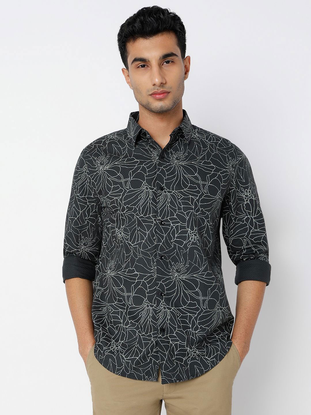

MARK & ALBERT Men India Slim Fit Spread Collar Floral Printed Cotton Casual Shirt, Black