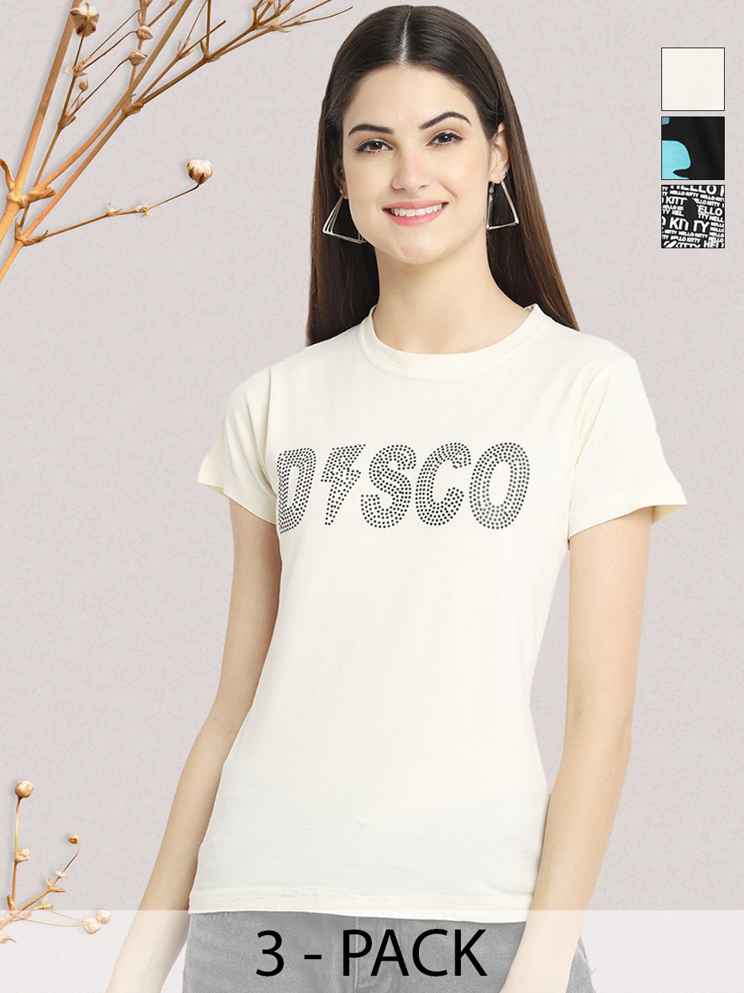 

GLOBAL NOMAD Women Pack of 3 Typography Printed Round Neck Cotton T-shirts, Beige