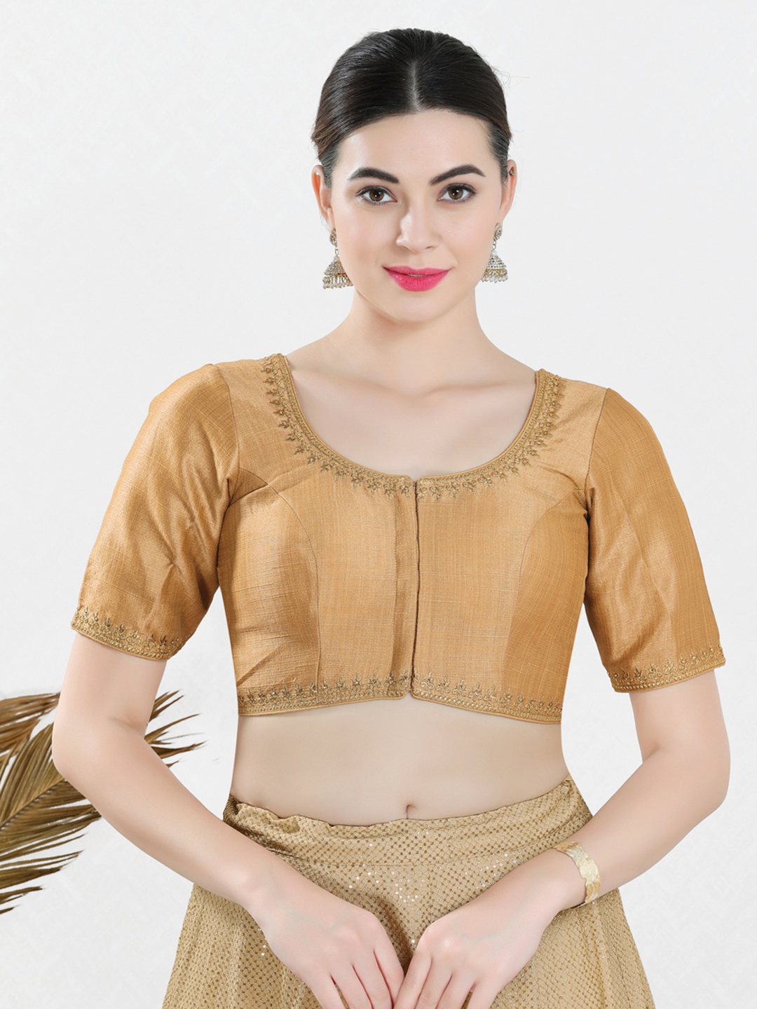 

VAMAS - THE DESIGNER BLOUSES Women Round Neck Padded Saree Blouse, Gold