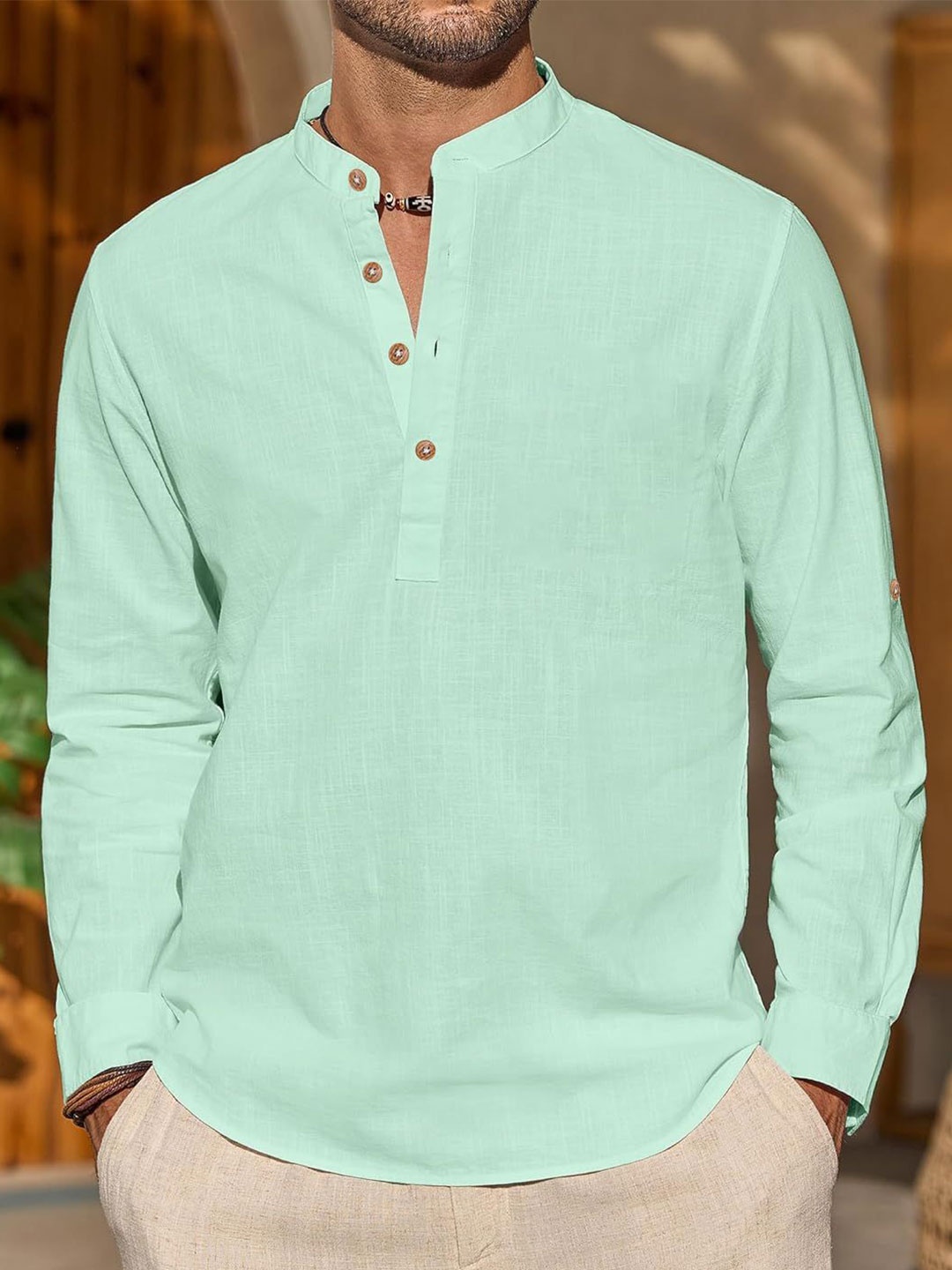 

EdinWolf Men India Slim Fit Band Collar Solid Cotton Casual Shirt, Sea green