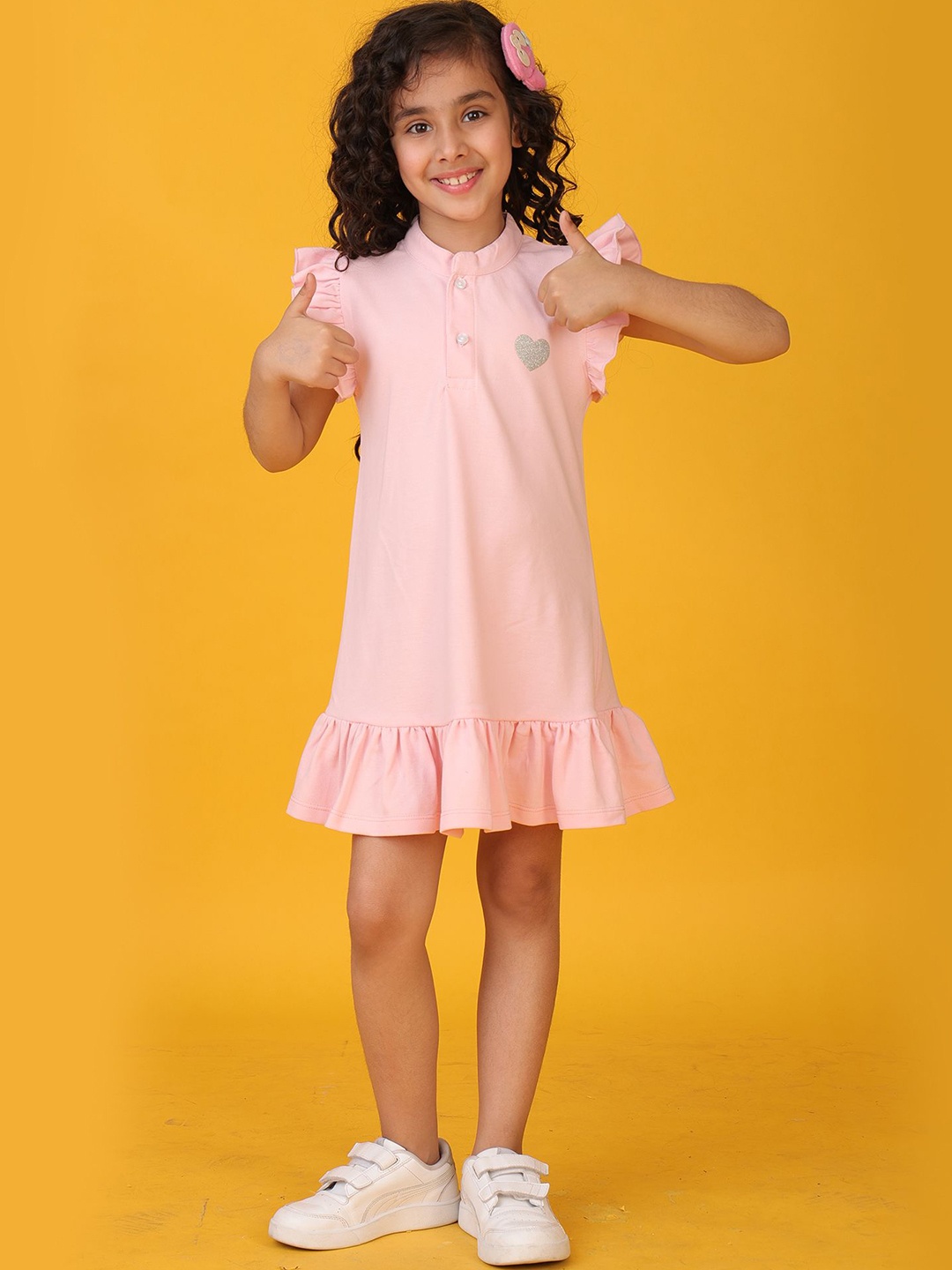 

Anthrilo Girls Pretty Pink Silver Heart Cotton Drop-Waist Dress
