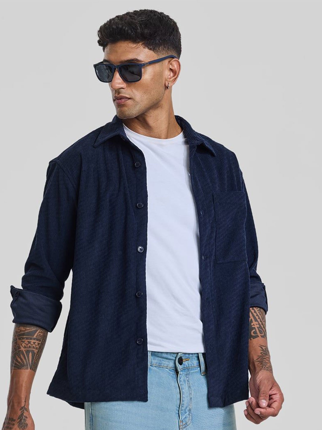 

Snitch Men Smart Oversized Fit Spread Collar Textured Casual Shirt, Navy blue