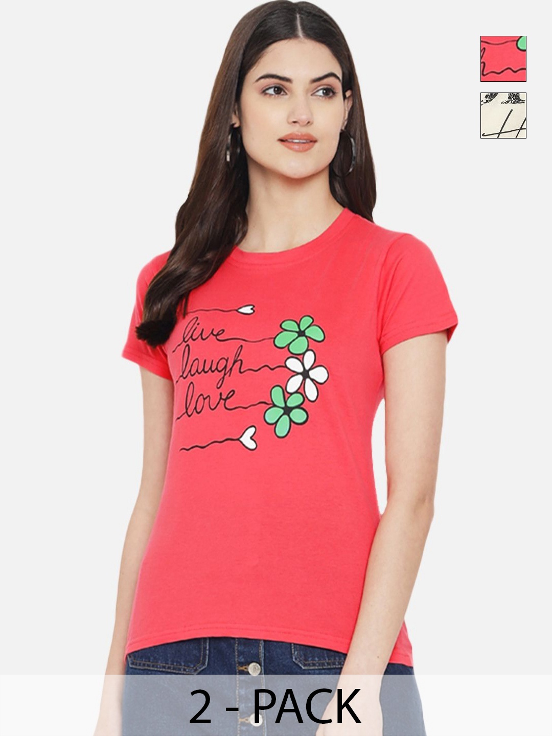 

Tromko Women Pack of 2 Typography Printed Round Neck Cotton Regular Fit T-shirts, Pink