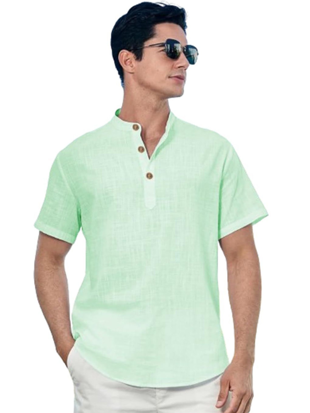 

EdinWolf Men India Slim Fit Band Collar Solid Cotton Casual Shirt, Lime green
