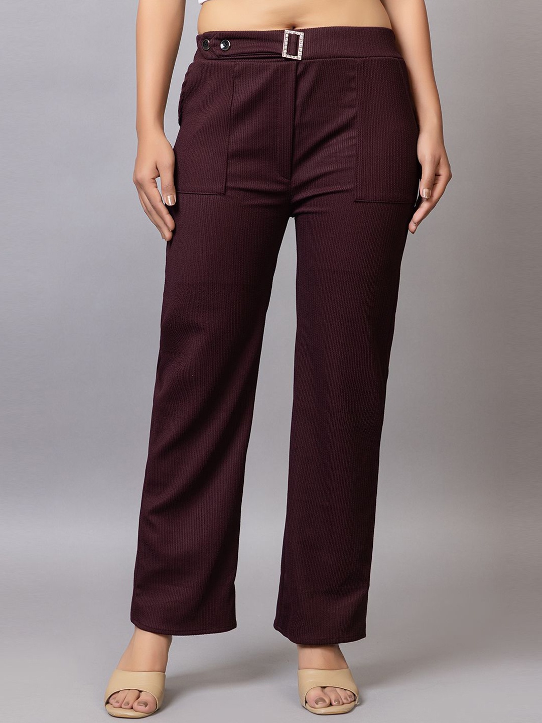 

PROBASIC Women Cotton Striped Straight-Fit Mid-Rise Parallel Trousers, Maroon