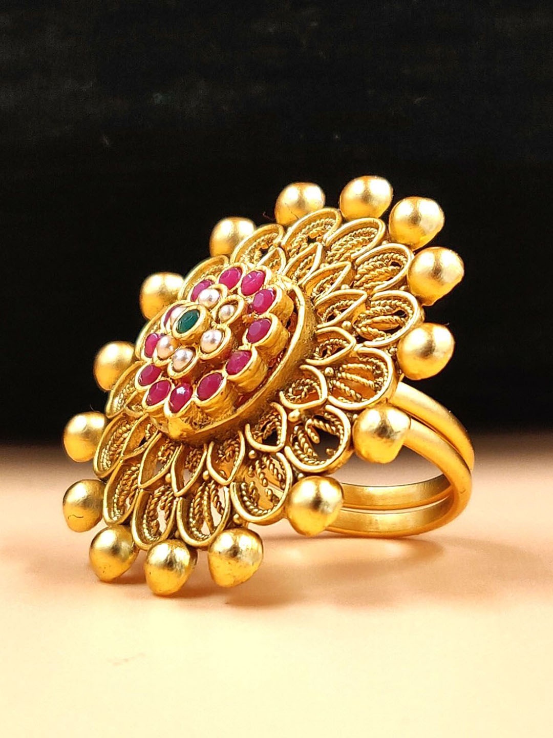 

JYONA Gold-Plated Stone Studded & Beaded Finger Ring