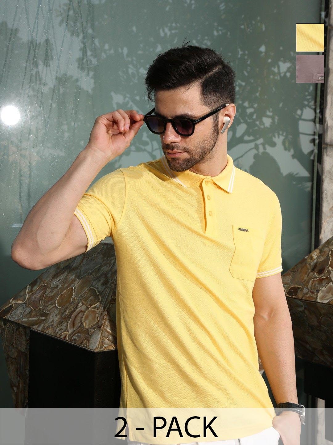 

EAZY Men Pack of 2 Solid Polo Collar T-shirts, Yellow
