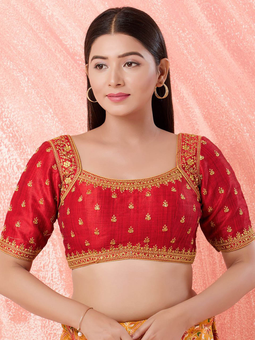 

VAMAS - THE DESIGNER BLOUSES Women Square Neck Padded Saree Blouse, Red