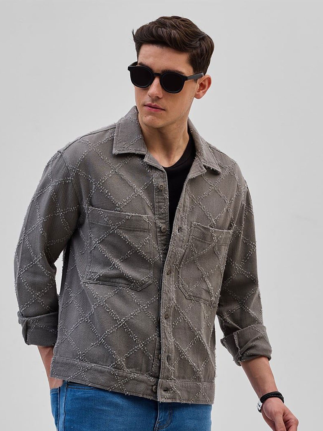 

Snitch Men Textured Relaxed Fit Casual Cotton Shacket, Grey