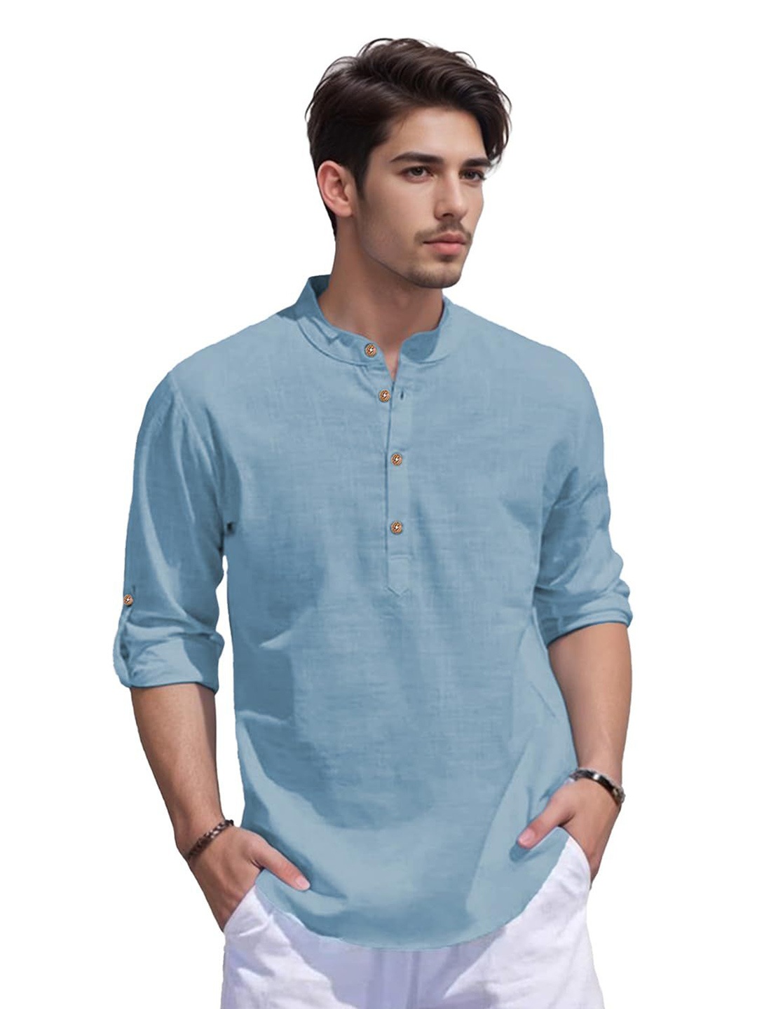 

EdinWolf Men India Slim Fit Mandarin Collar Solid Cotton Casual Shirt, Blue