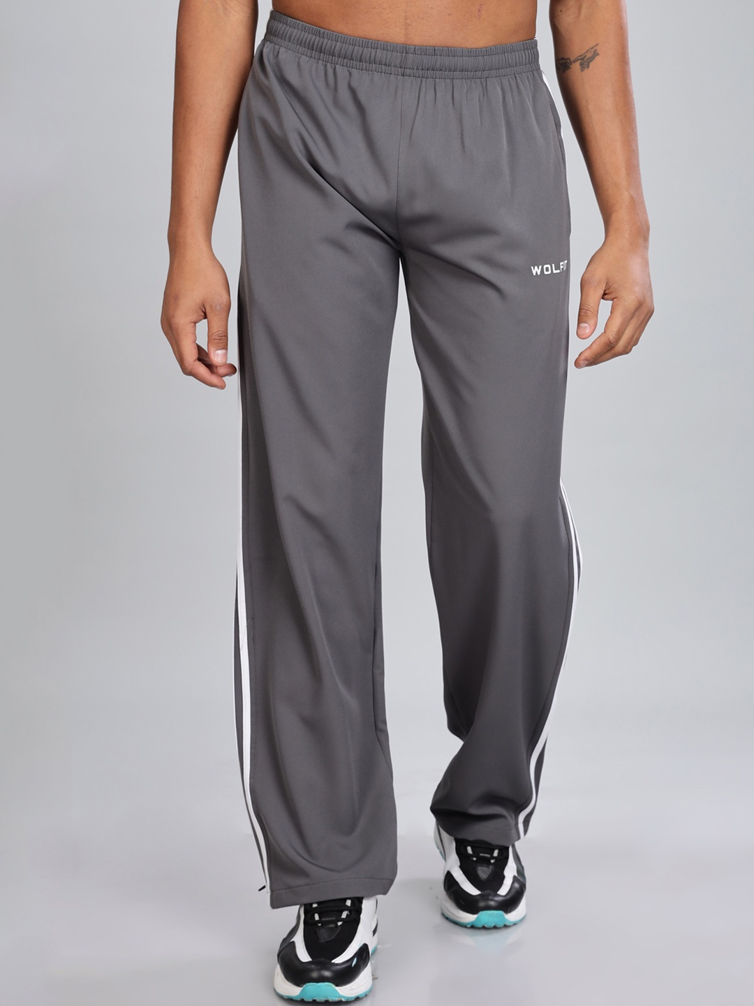 

WOLFIT ATHLEISURE Men Striped Bootcut Dry Fit Track Pants, Grey