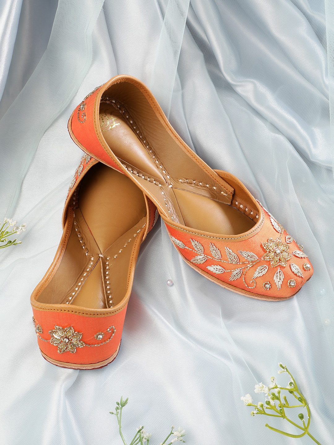 

House of Pataudi Floral Embellished Ethnic Mojaris, Orange