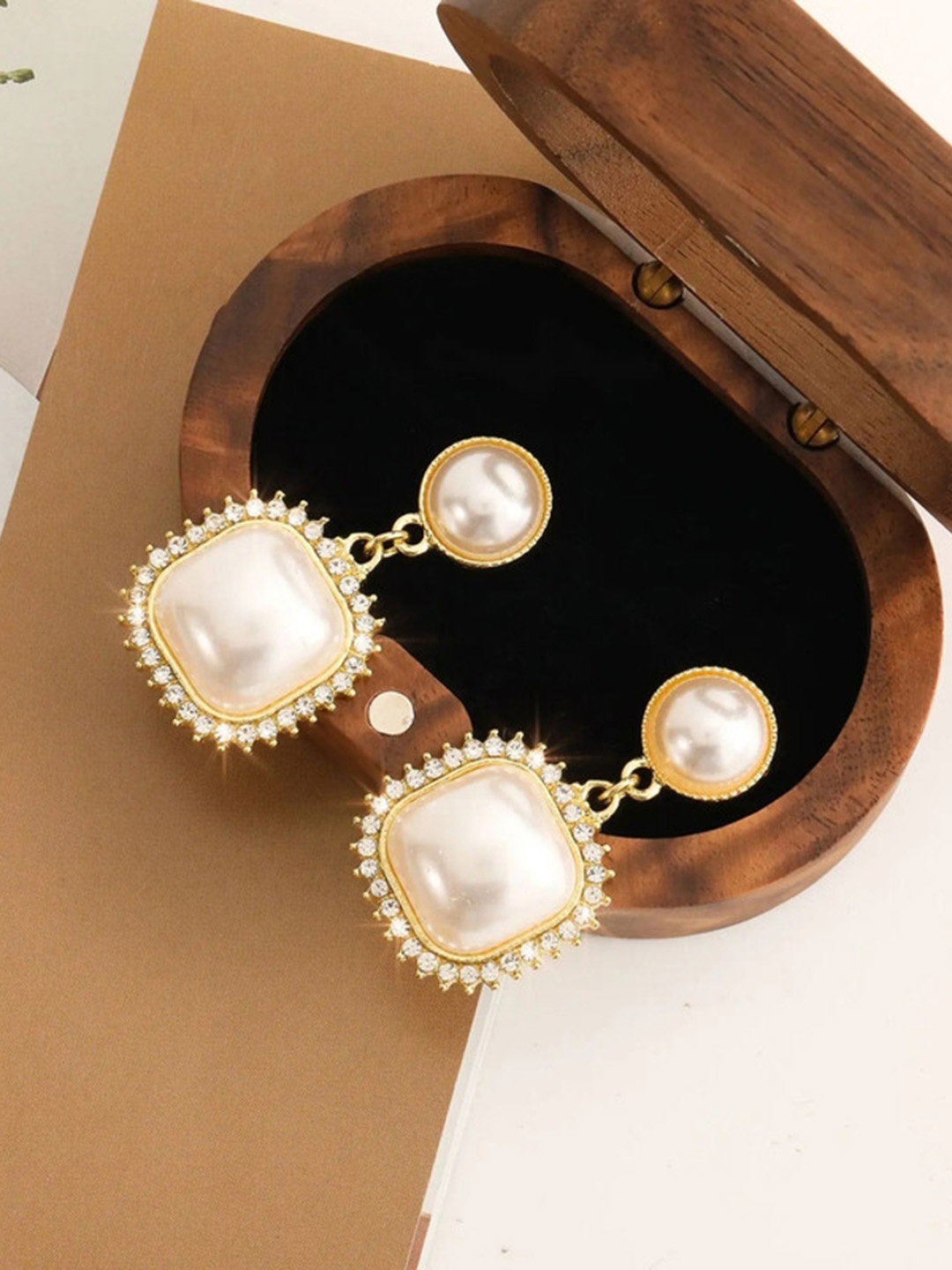 

Celestique Korean Gold Plated Pearls Contemporary Drop Earrings, White