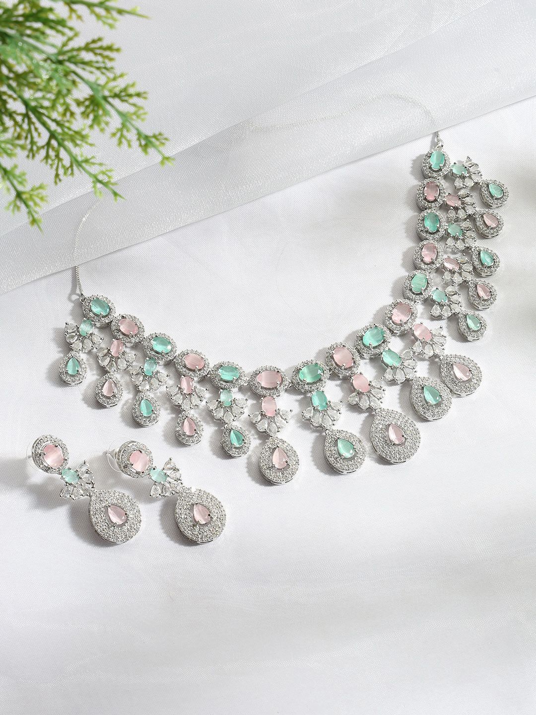 

justpeachy Rhodium Plated American Diamond Stone Studded Jewellery Set, Silver
