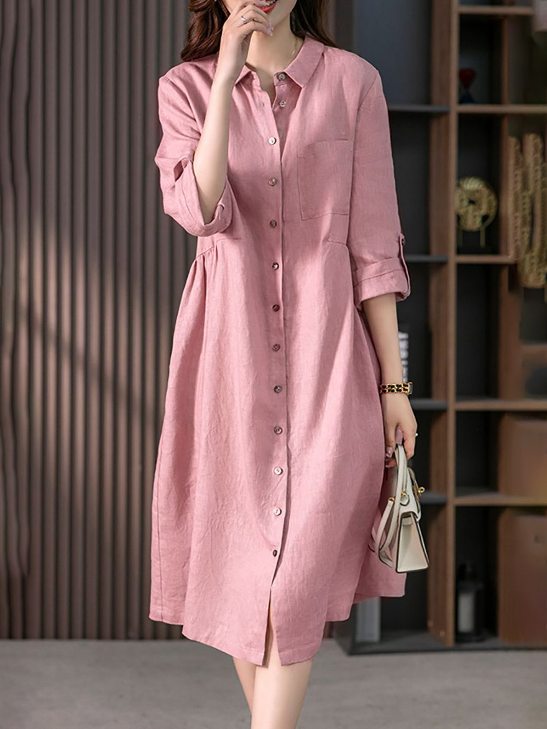 

StyleCast x Revolte Roll-Up Sleeves Shirt Midi Dress, Pink