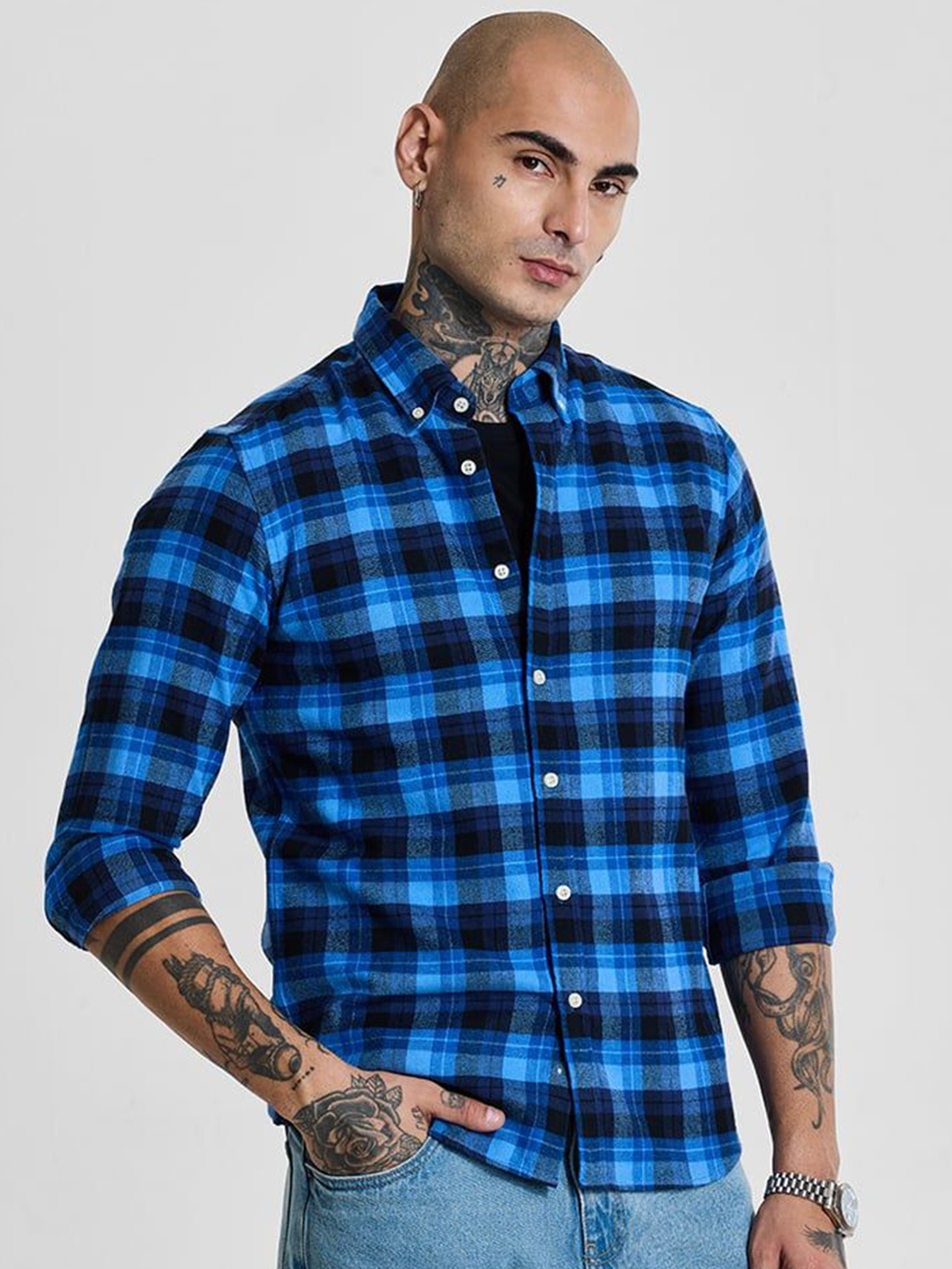 

Snitch Men Smart Slim Fit Button-Down Collar Tartan Checked Casual Shirt, Blue