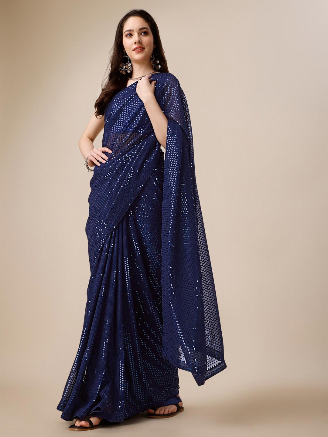 

THE52 Embellished Sequined Georgette Saree, Navy blue