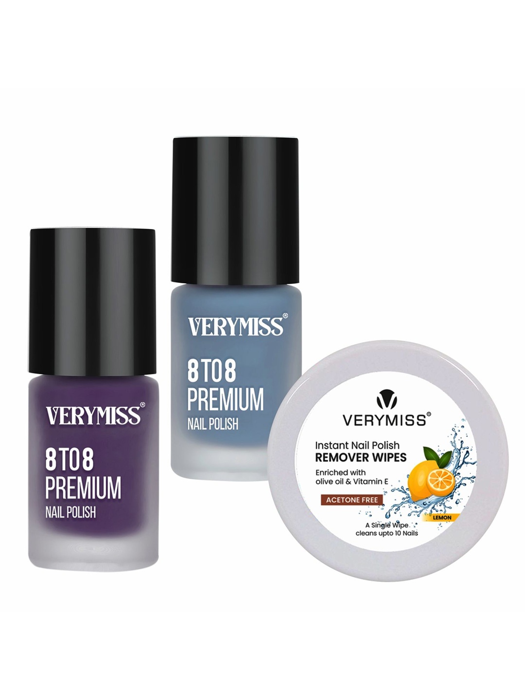 

VERYMISS Set Of 3 8 To 8 Nail Polish - 6 ml Each - Shade 257 -260 & Remover Wipes, Purple