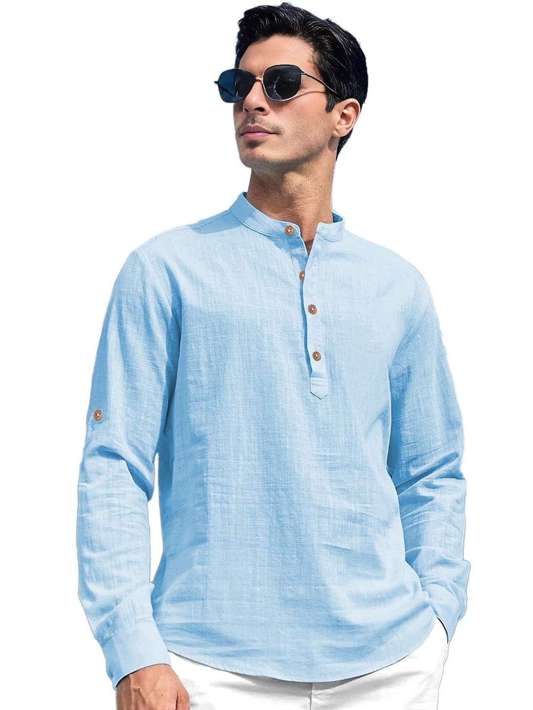 

EdinWolf Men India Slim Fit Band Collar Solid Cotton Casual Shirt, Blue