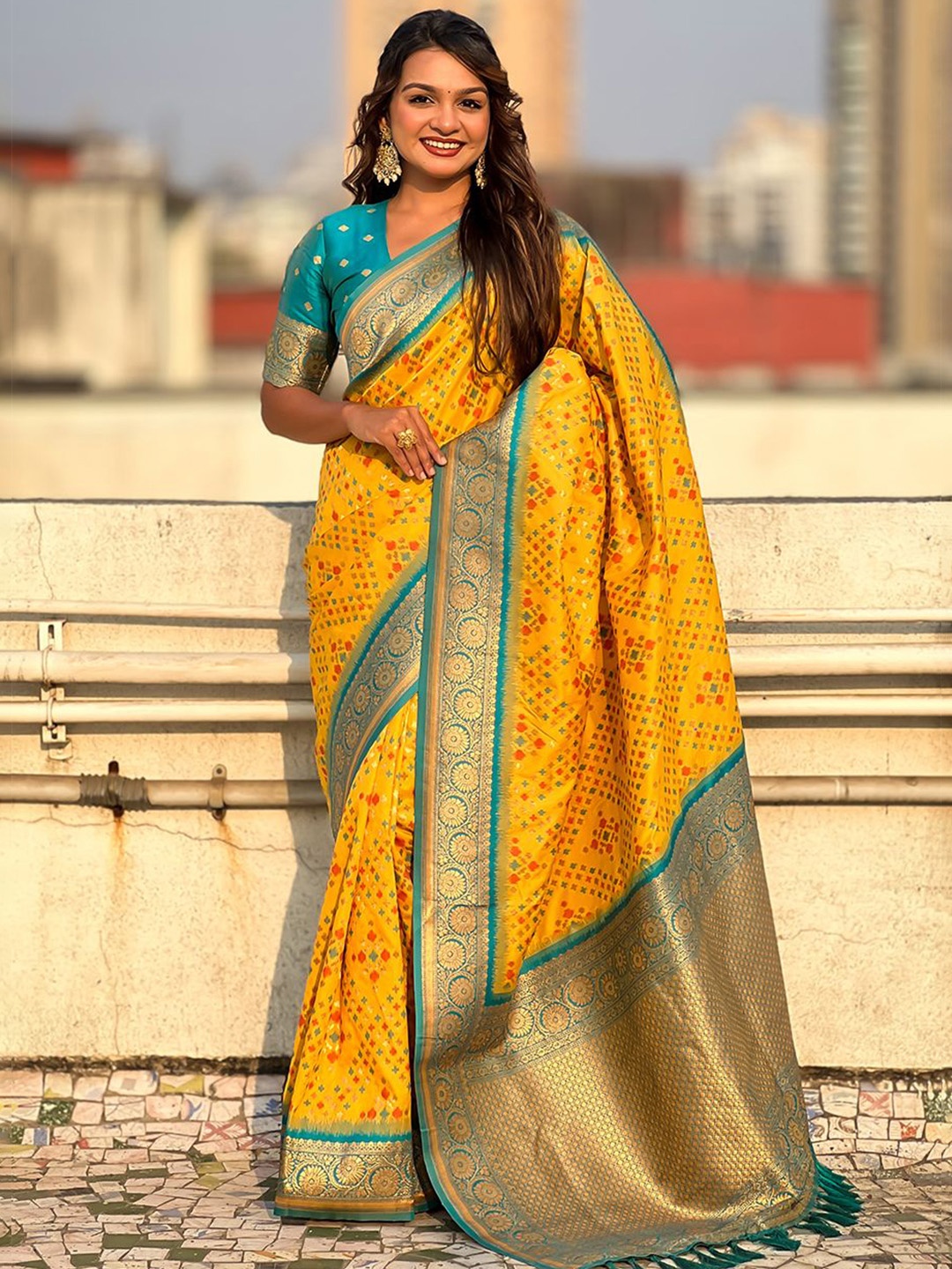 

all about you Woven Design Zari Patola Saree, Yellow