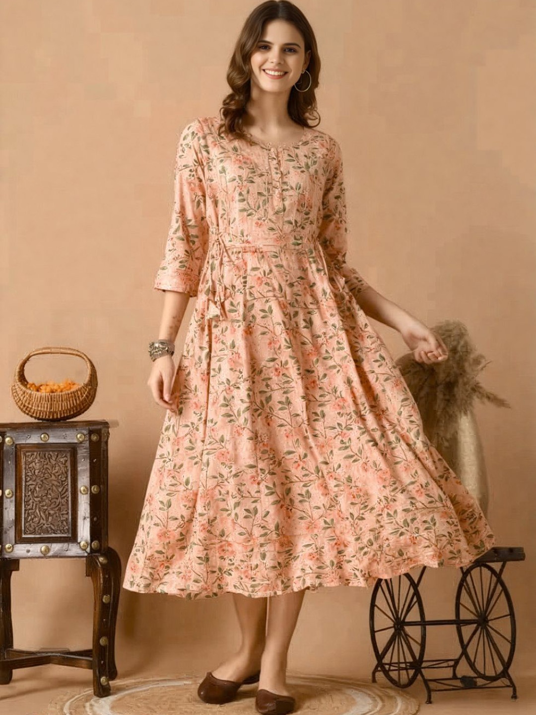 

BAIRAJ Floral Printed Round Neck Anarkali Ethnic Dress, Peach