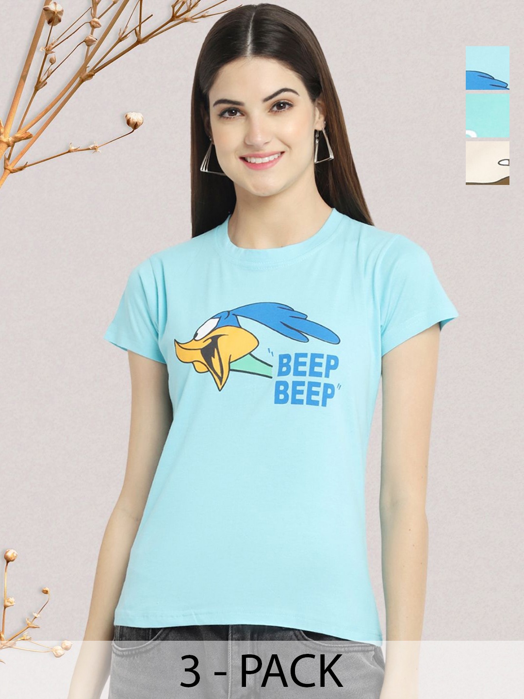 

GLOBAL NOMAD Women Pack of 3 Typography Printed Round Neck Cotton T-shirts, Turquoise blue