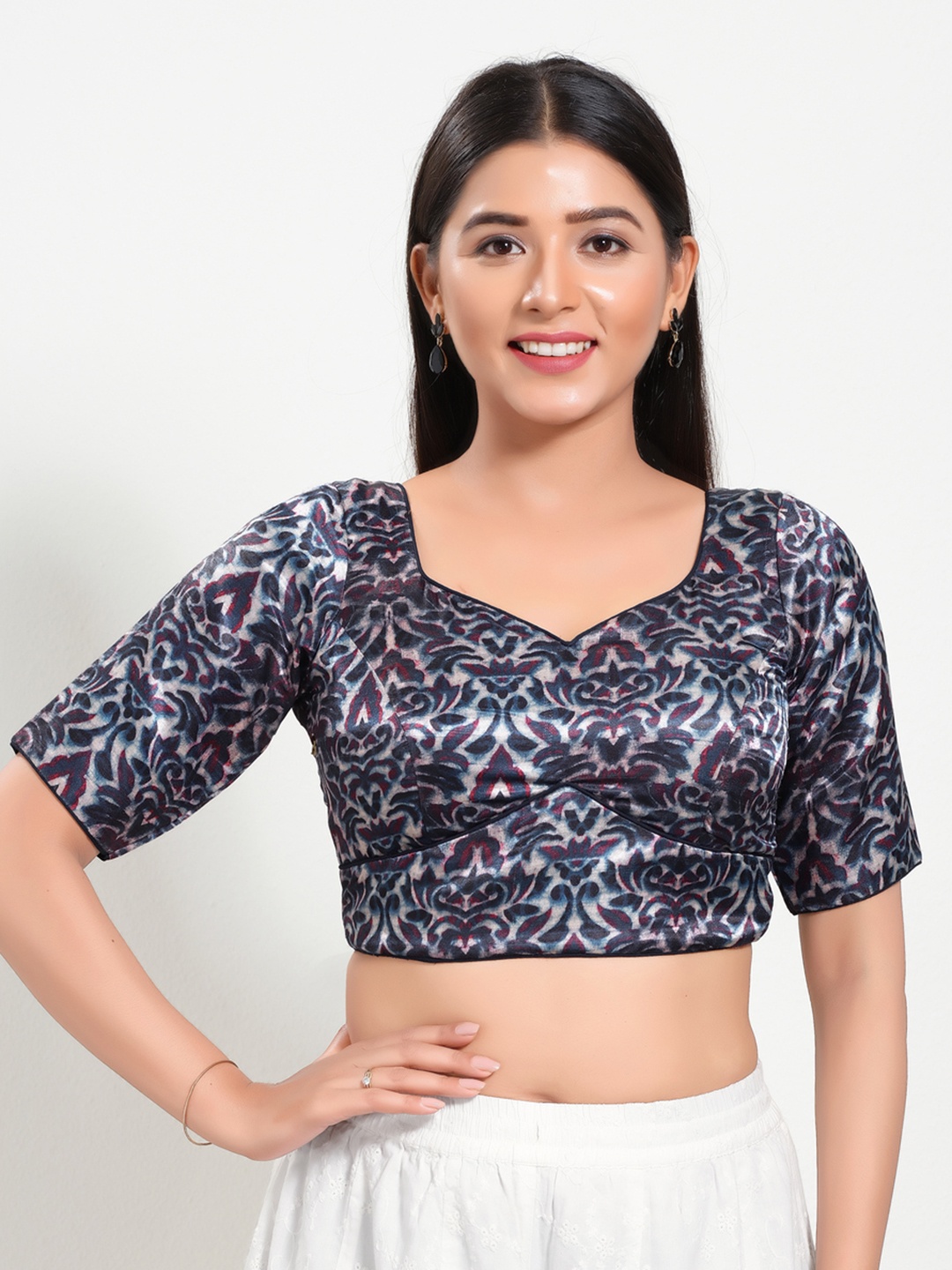 

VAMAS - THE DESIGNER BLOUSES Women V-Neck Padded Saree Blouse, Navy blue