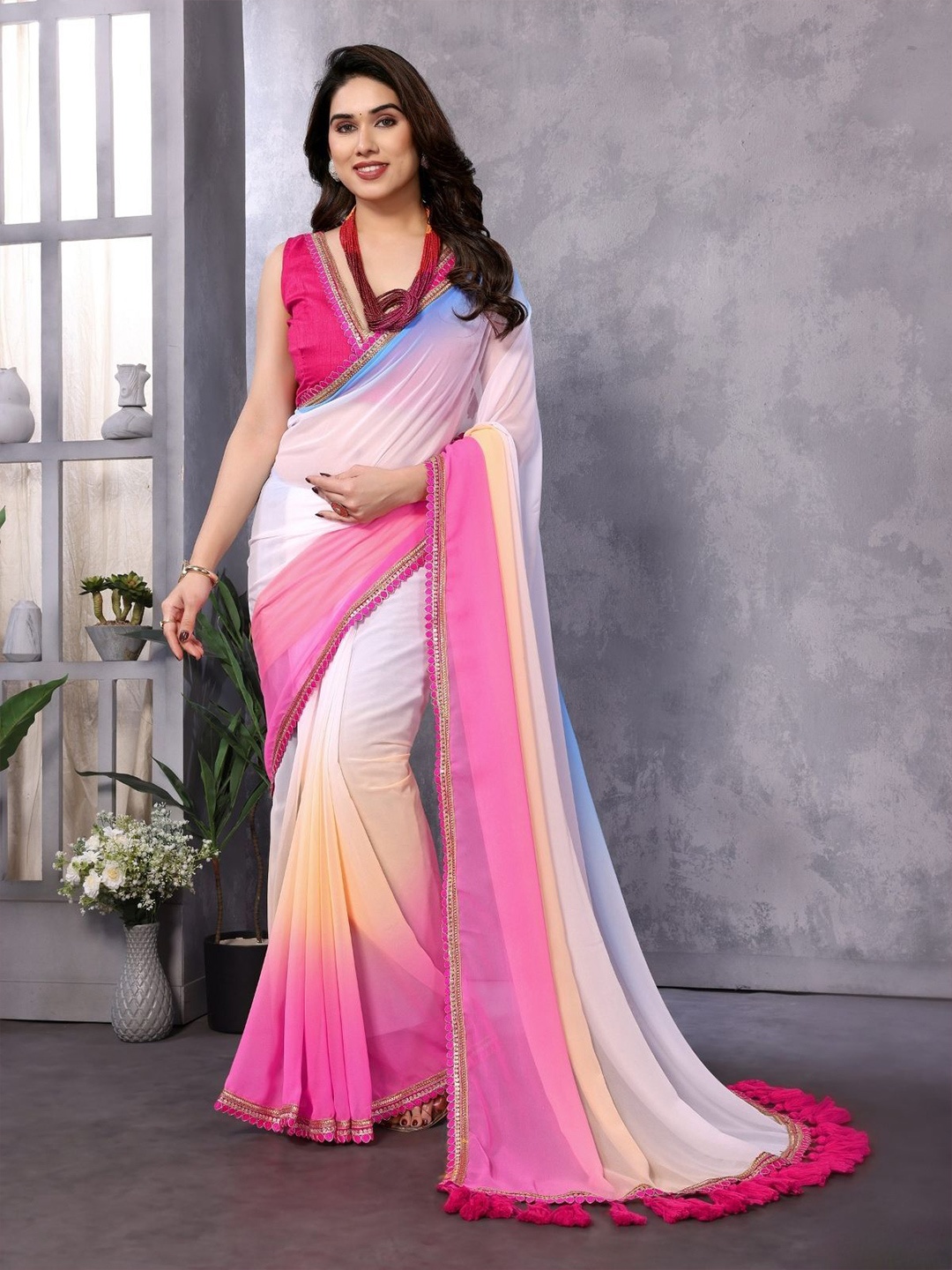 

ODETTE Dyed Ombre Embroidered Gotta Patti Saree, Pink