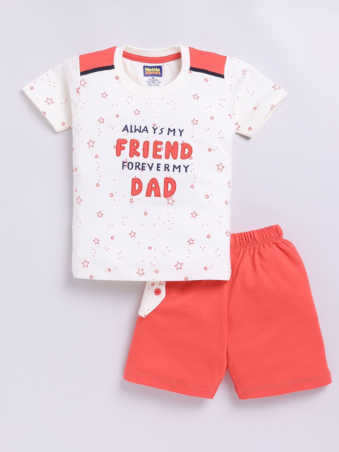 

Nottie Planet Boys Printed Round Neck Pure Cotton T-Shirt With Shorts, Orange