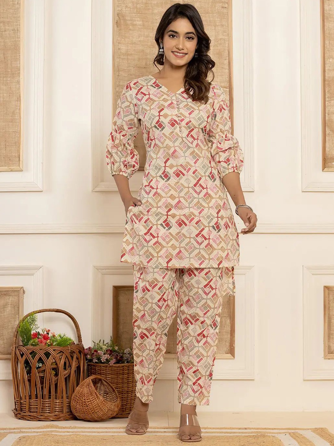 

MissKurti Geometric Printed Pure Cotton V-Neck Tunic With Trousers, Cream