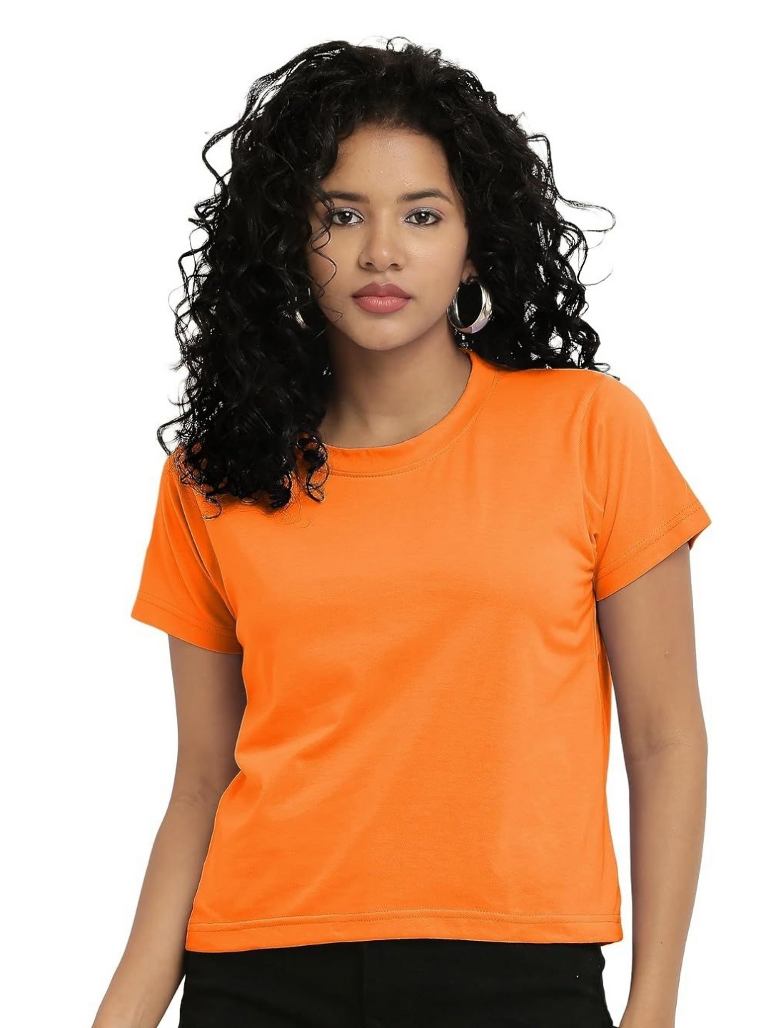 

NOTWILD Women Solid Round Neck Cotton T-shirt, Orange