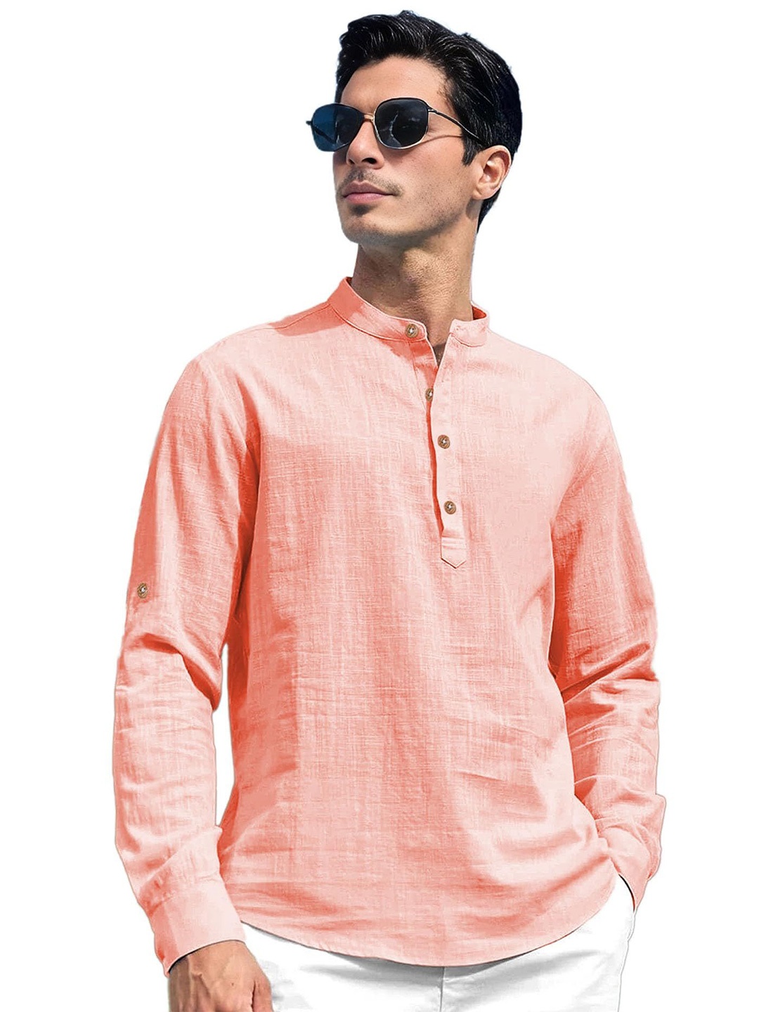 

EdinWolf Men India Slim Fit Band Collar Solid Cotton Casual Shirt, Peach