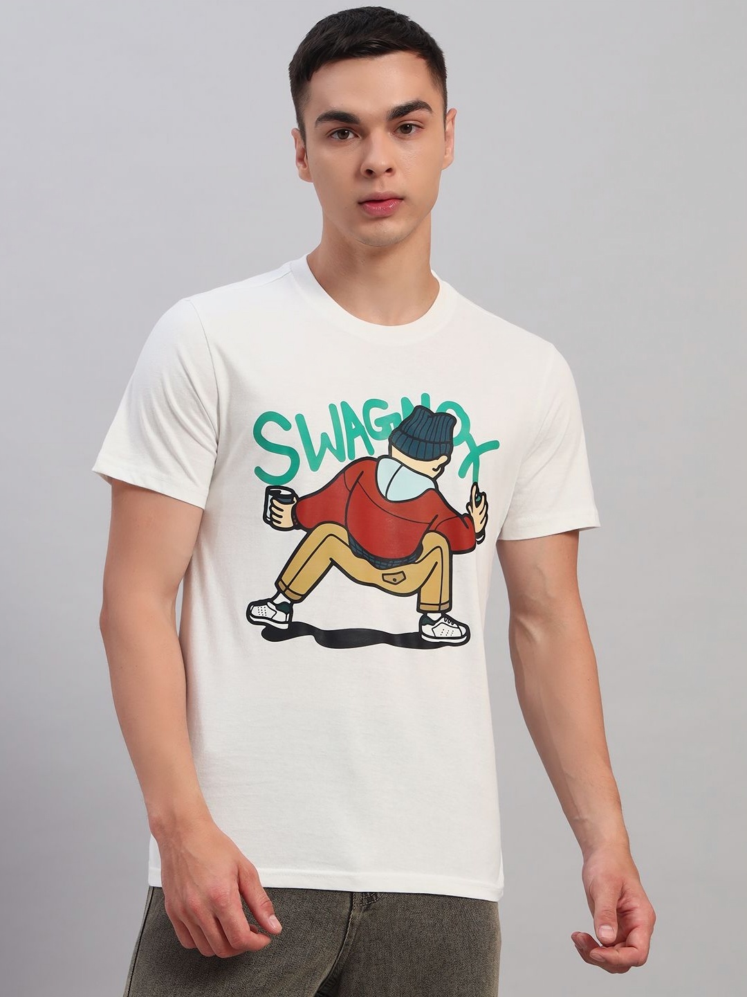 

SWAGNOX Men Graphic Printed Round Neck Cotton Regular Fit T-shirt, White