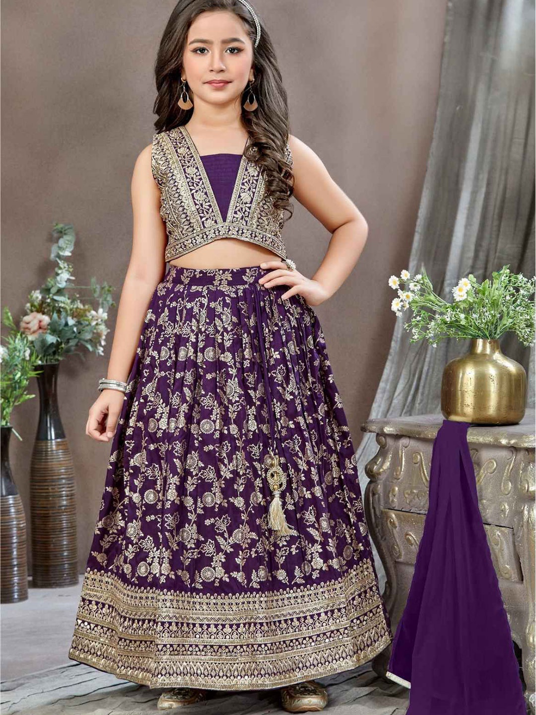 

Lagorii Girls Floral Embroidered Sequinned Ready to Wear Lehenga & Blouse With Dupatta, Violet
