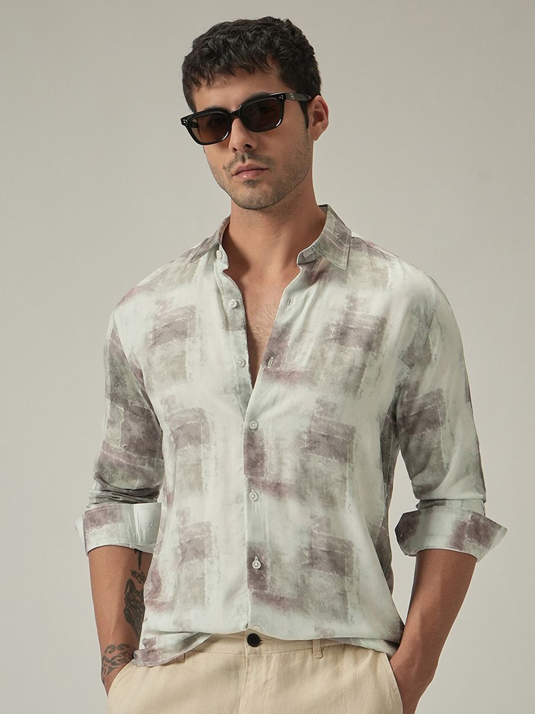 

Banana Club Men Tie and Dye Classic Slim Fit Casual Shirt, Cream