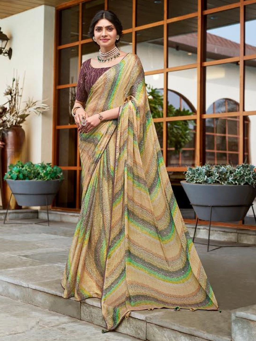 

MAHALASA Striped Printed Pure Georgette Saree, Beige