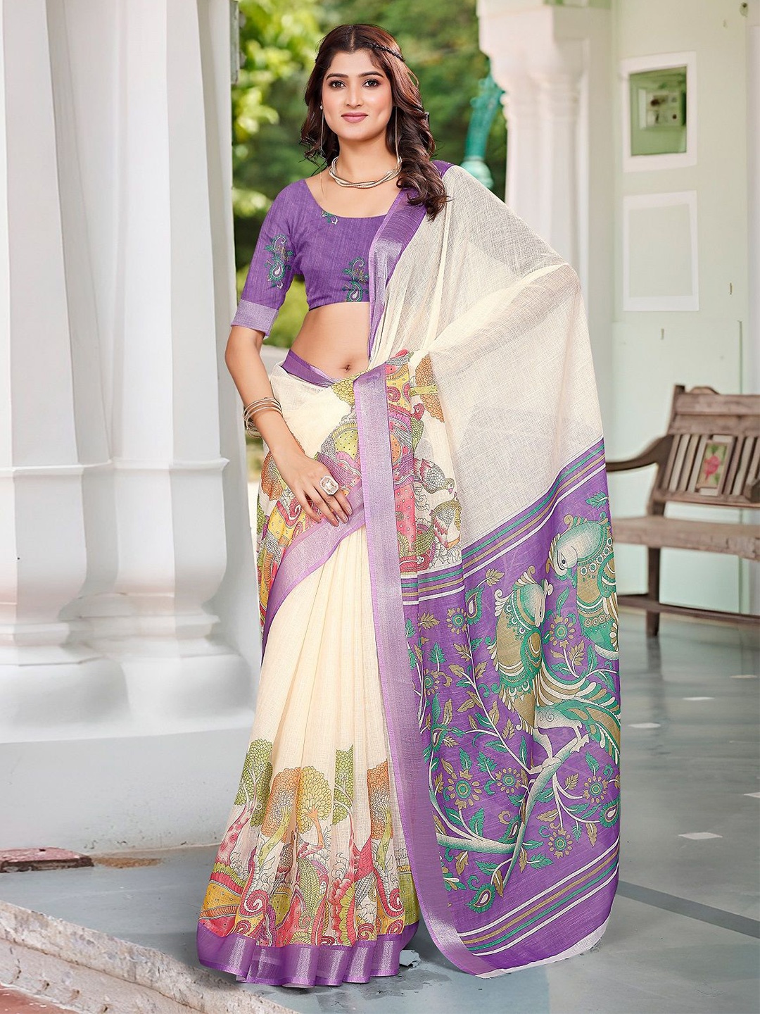 

Nimidiya Printed Pure Cotton Saree, Beige