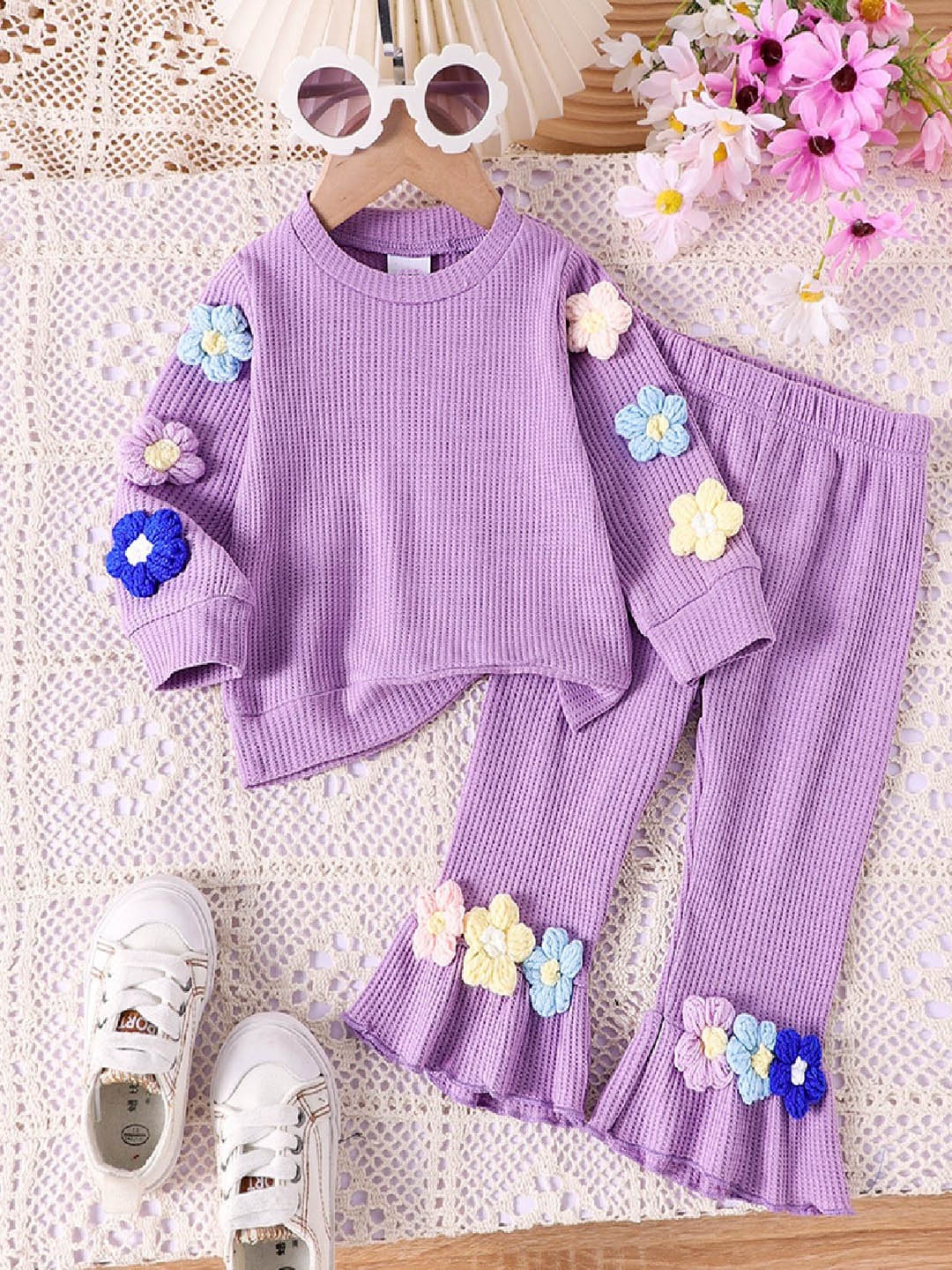 

Xsole Girls Self Design Round Neck Top With Trouser, Purple