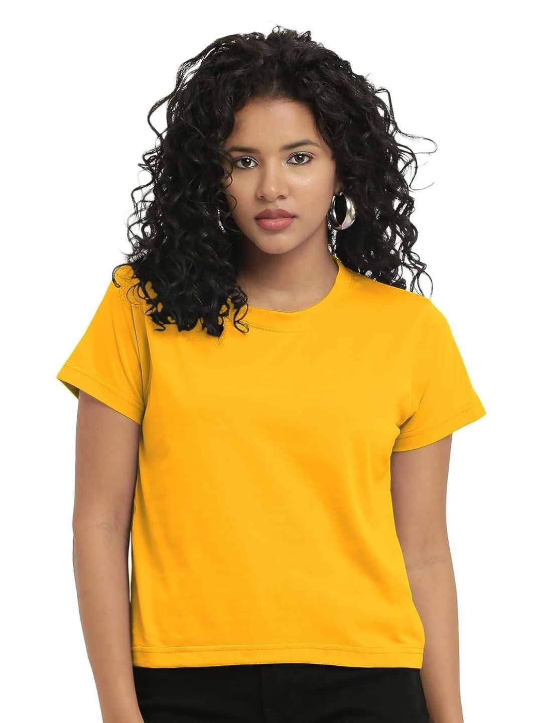 

NOTWILD Women Solid Round Neck Cotton T-shirt, Yellow