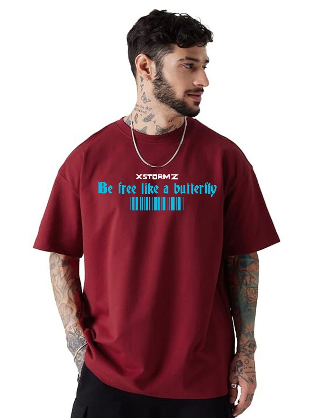 

f Gallery Men Solid Round Neck Oversized T-shirt, Maroon