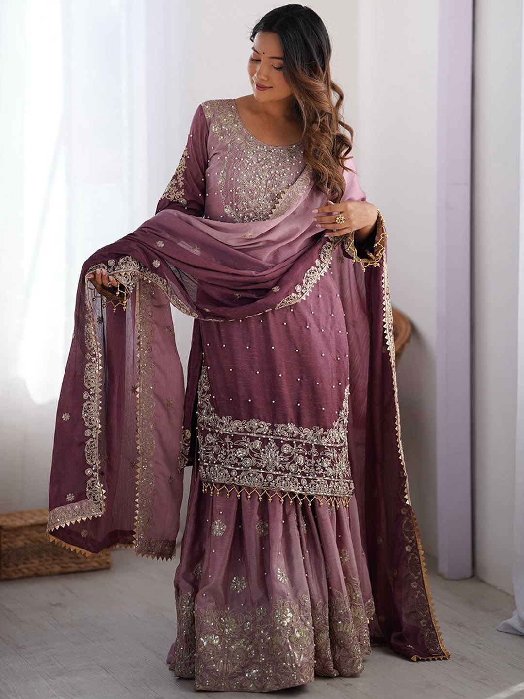 

DIVASTRI Floral Embroidered Beads Chinon Silk Straight Kurta With Sharara & Dupatta, Lavender