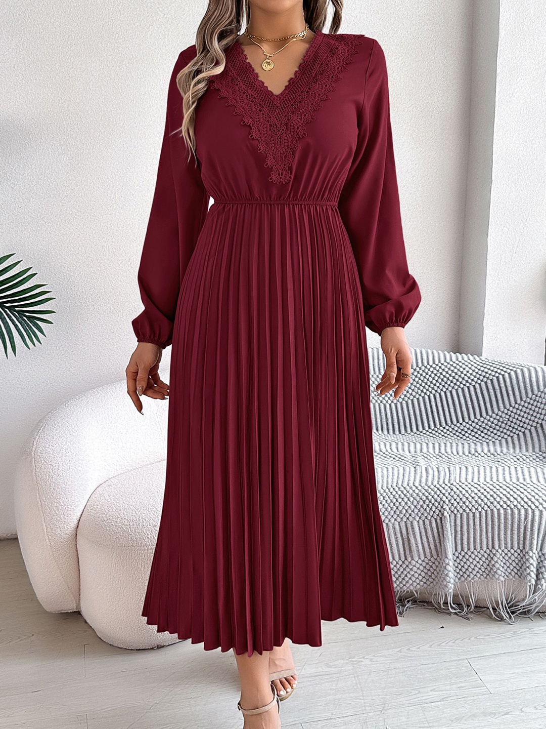 

StyleCast x Revolte Women V-Neck Fit and Flare Midi Dress, Maroon