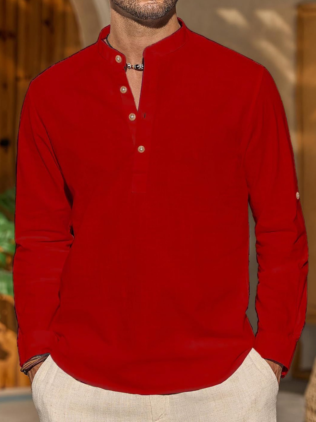 

EdinWolf Men India Slim Fit Band Collar Solid Cotton Casual Shirt, Red