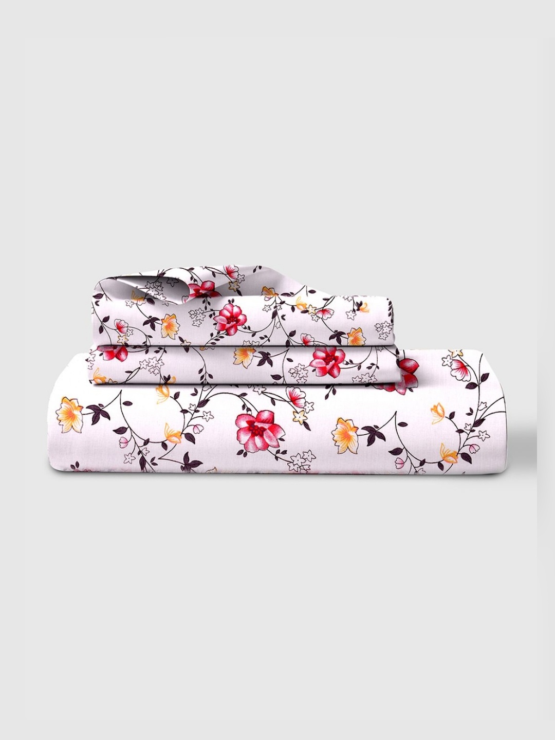 

LINENWALAS Happy Sleeping Lime Green & Pink Floral 210 TC Queen Bedsheet with 2 Pillow Covers