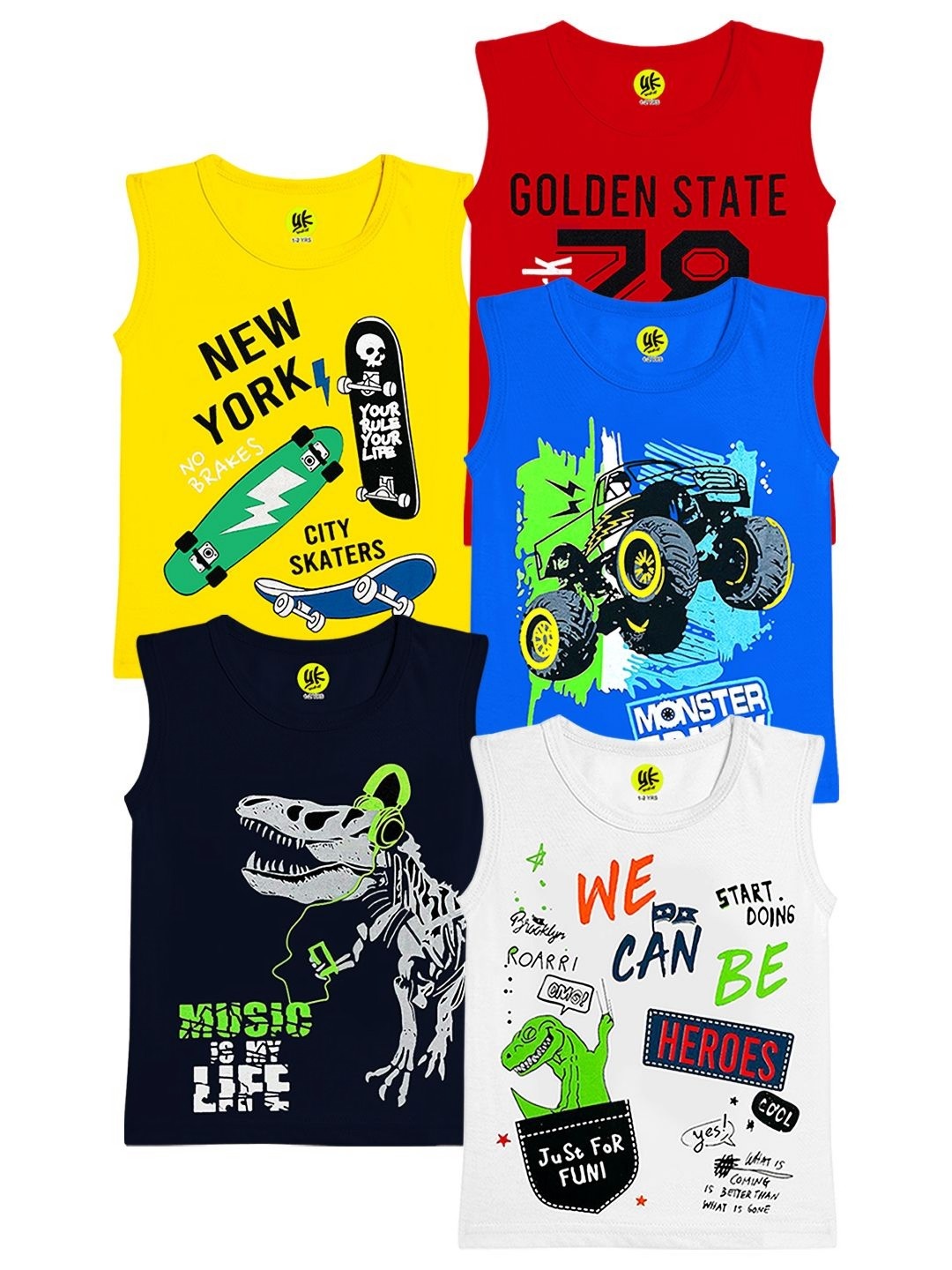 

YK Boys Pack of 5 Graphic Printed Round Neck Cotton Regular Fit T-shirts, Yellow